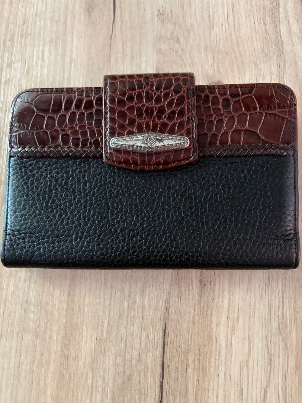 Brighton Black Pebbled Leather Brown Croc Trim Organizer Wallet